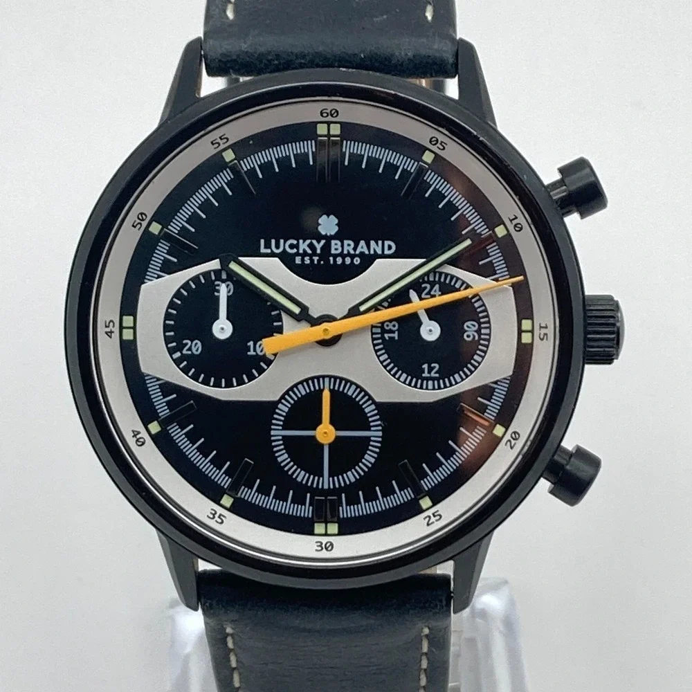 Lucky Brand Mens Watch Chronograph 35mm Black Orange Leather 50M New Battery 9